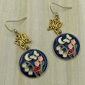 Butterfly Mushroom Charm Earrings Handmade Dangle Drop Gold Tone Enamel Gifts